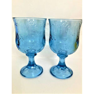 Pair RARE Anchor Hocking Savannah Blue Water Glasses Large Embossed Roses 70s